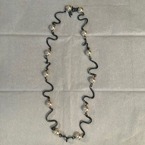 Cecile Jeanne Vintage Costume Faux Pearl GunmetalS Chain Long Necklace